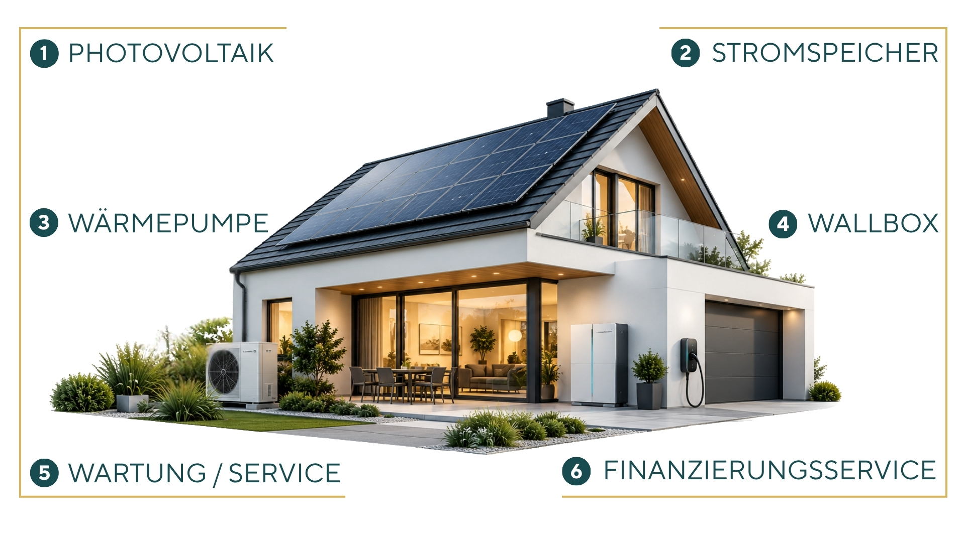 Photovoltaik, Wärmepumpe, Stromspeicher und Wallbox am Haus
