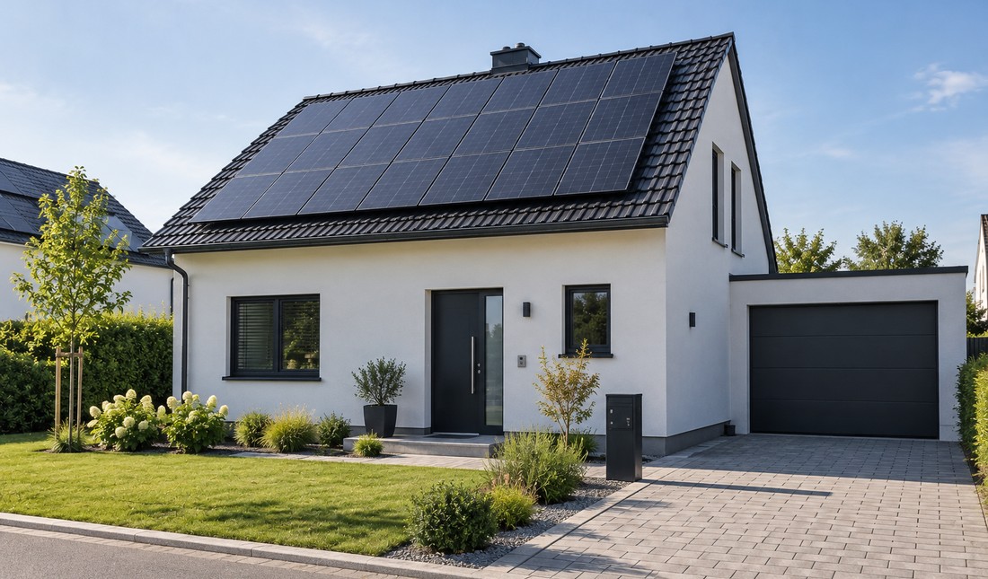 Modernes Einfamilienhaus mit Photovoltaikanlage auf dem Dach