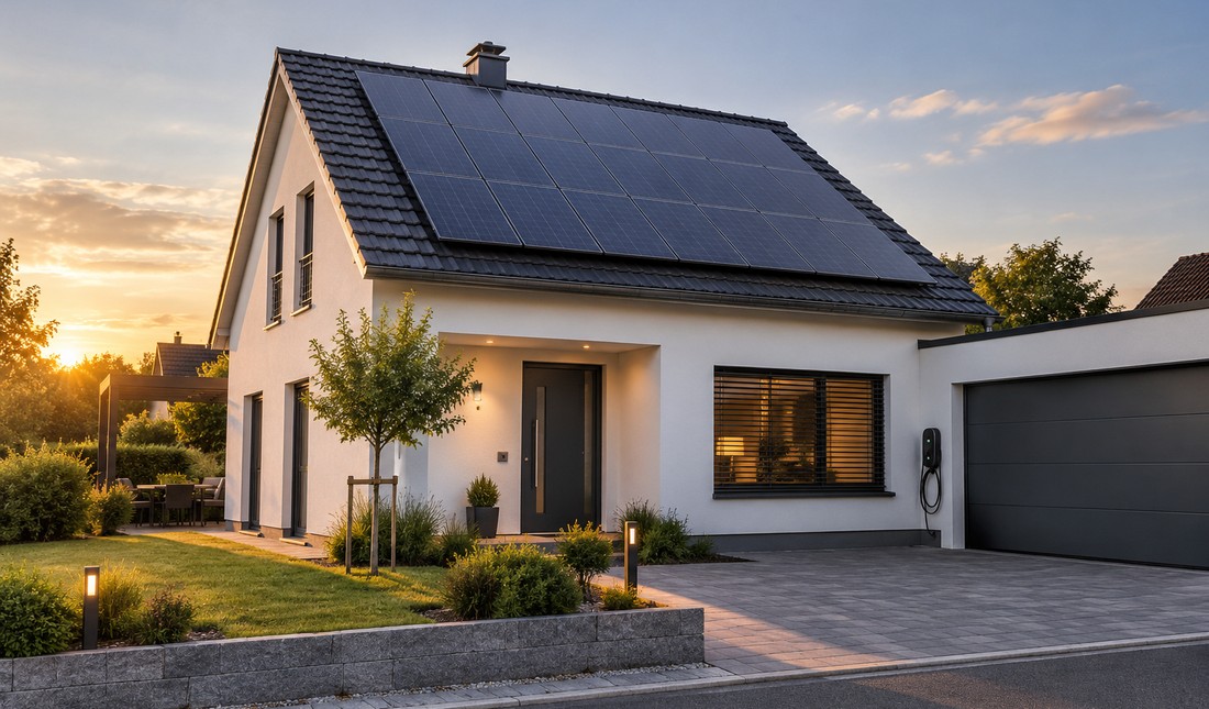 Einfamilienhaus mit Photovoltaikanlage bei Sonnenuntergang